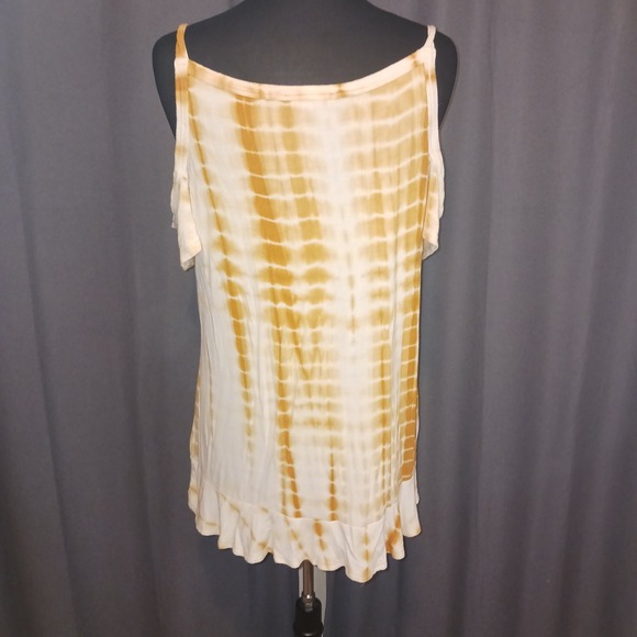 Shop Basic Y2k Boho Mustard Yellow Tie Dye Cold Shoulder Ruffle Top Large - Picture 4 of 6